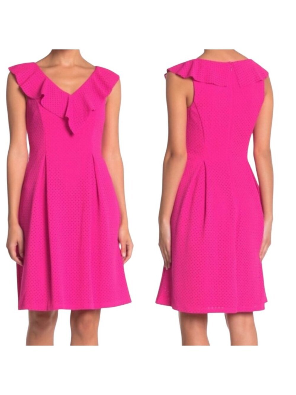 Eliza J Women's Hot Pink Laser Cut Ruffle V-Neck Fit & Flare Dress Size 8
